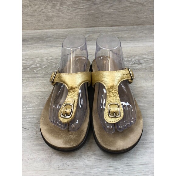SAS Sanibel Women's Gold Nubuck Leather Slip-On Open Toe T-Strap Sz 9 Sandal - Picture 2 of 6